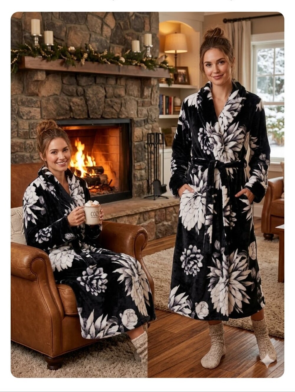 La Vie En Rose Black & White Floral Plush Wrap Housecoat